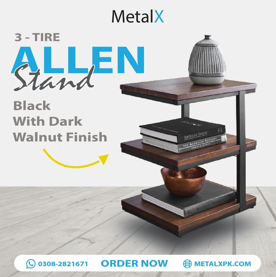 Allen Rectangular Tiered End Table with dual-shelf design, black iron sled base, and modern minimalist look for Pakistani homes