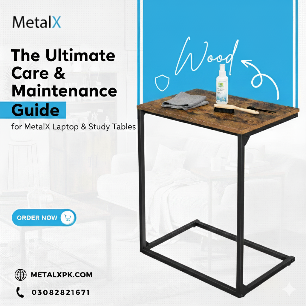 Care and maintenance guide for MetalX laptop tables, portable tables, and study desks in Pakistan.