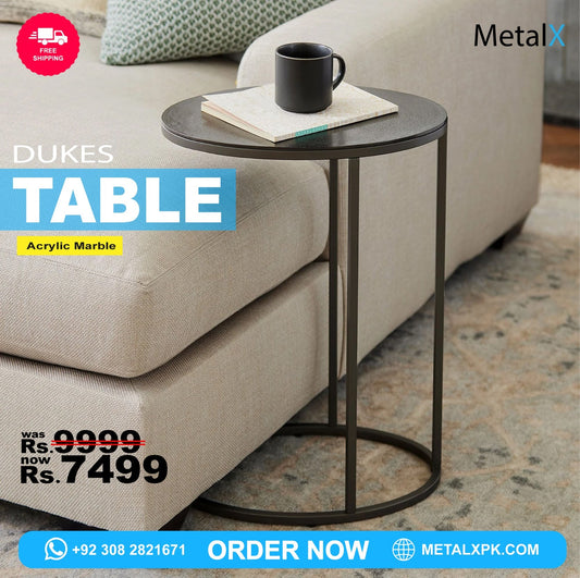 Dukes Side Table with black gloss steel legs and round marble-texture MDF top – modern minimalist furniture by MetalXPK