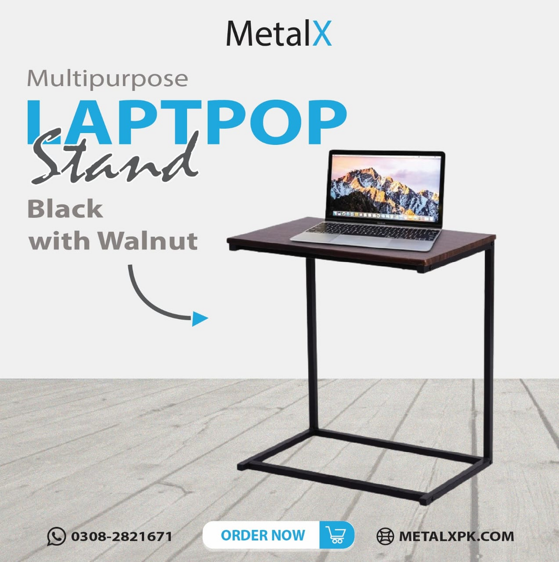 MetalX C-Shape Laptop Table (22x14x26 inches) β ergonomic sofa stand with walnut MDF top and black steel frame