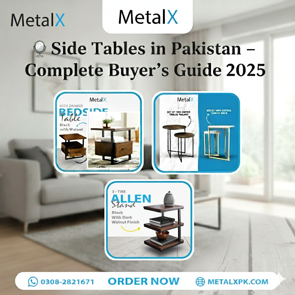 Modern MetalX side tables in Pakistan featuring nesting, sofa, and end table designs in sleek black and walnut finishes.