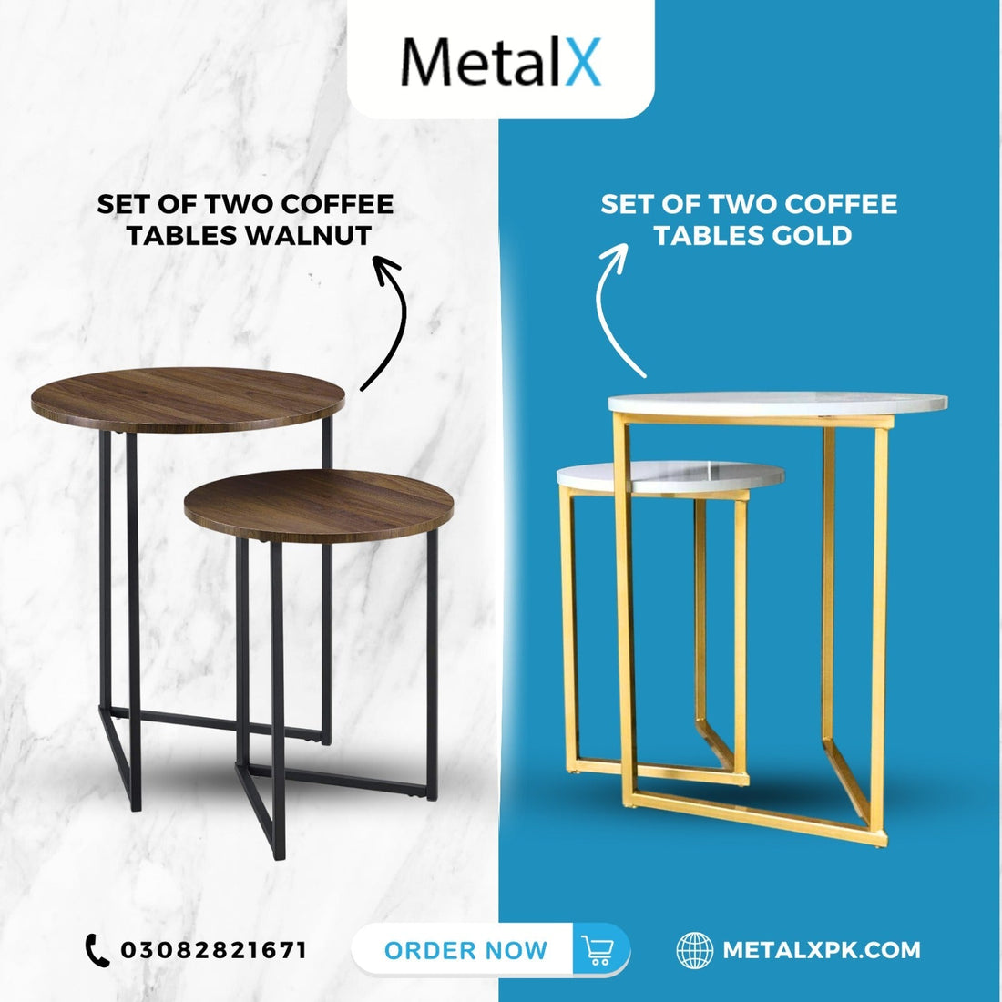 "Set of two round nesting coffee tables in marble and walnut finish with gold and black metal frames – space-saving and elegant design by MetalXPK"