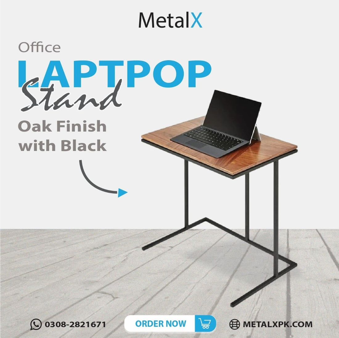 Portable laptop stand in Pakistan – stylish wood top with black frame, ideal for sofa or bedside use, shown in a modern home setting
