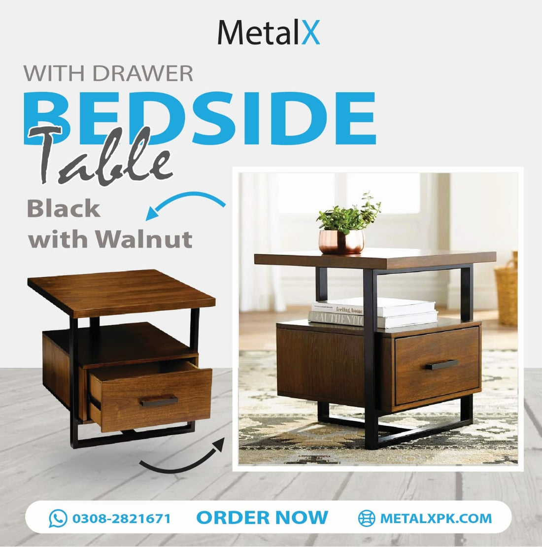 Side table with walnut finish and drawer featuring black metal frame — modern furniture by MetalXPK