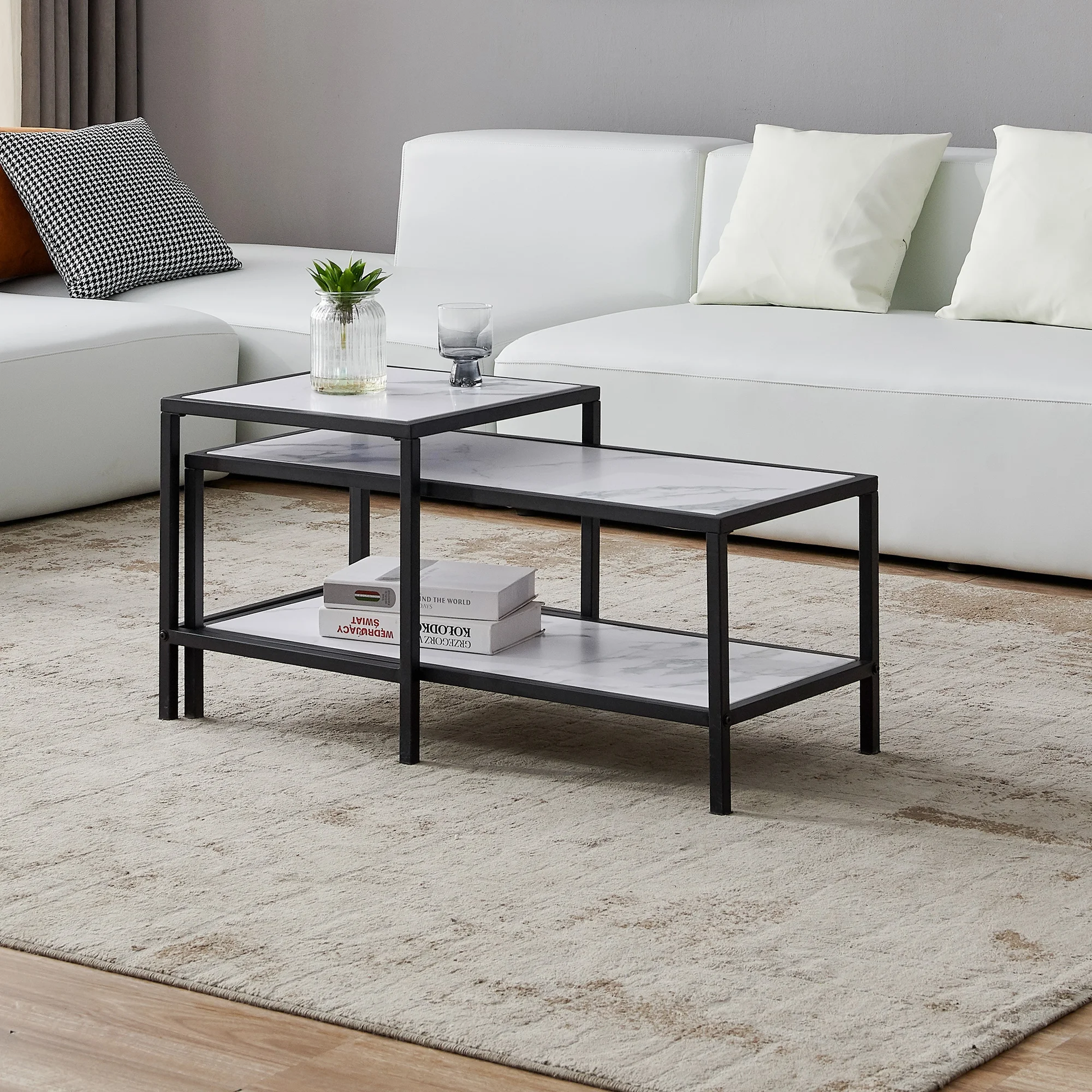 MetalX center table with nesting side table, shown nested together in real-world setup