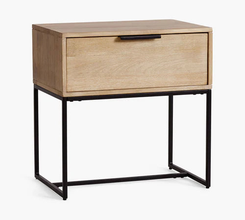 Drawer styled side table with modern design, angled front-side view in display setting