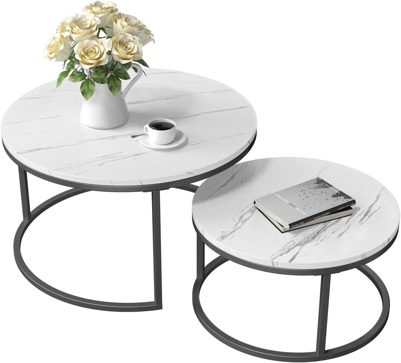 MetalX marble top center table set with black base – white background front/top view