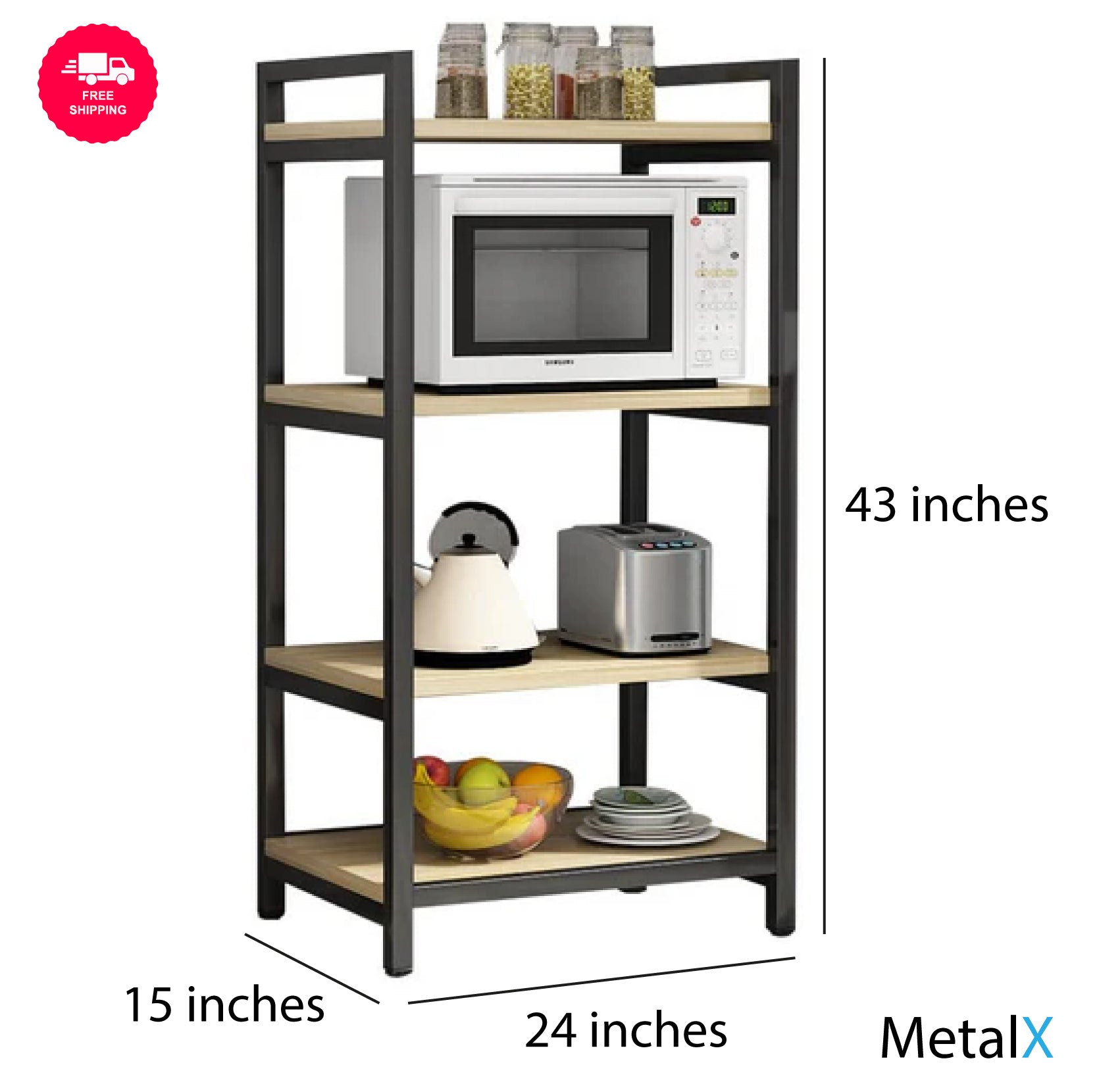 Microwave rack with size dimensions on white background showing multi-tier design