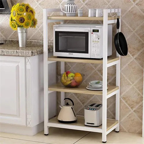 Kitchen microwave stand with white frame shown in real world kitchen setup