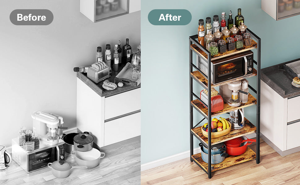 Before and after comparison of a kitchen setup with a multi-tier shelf.