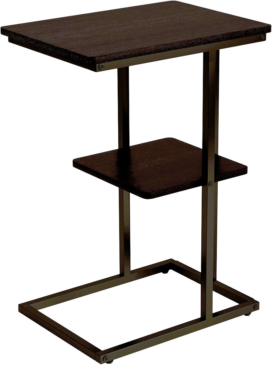 Modern 2-tier night stand with dark walnut wood shelves and black steel frame on white background – MetalX