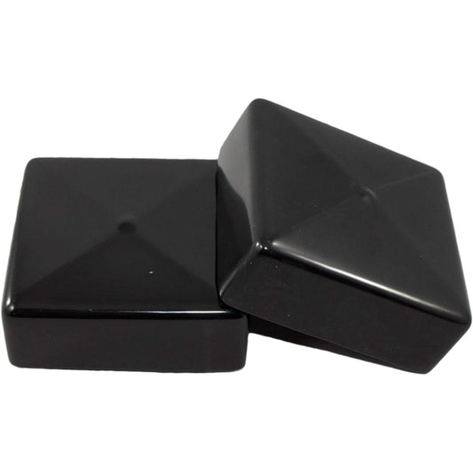 Two black 3-inch square vinyl/rubber end caps for tubing and metal posts.