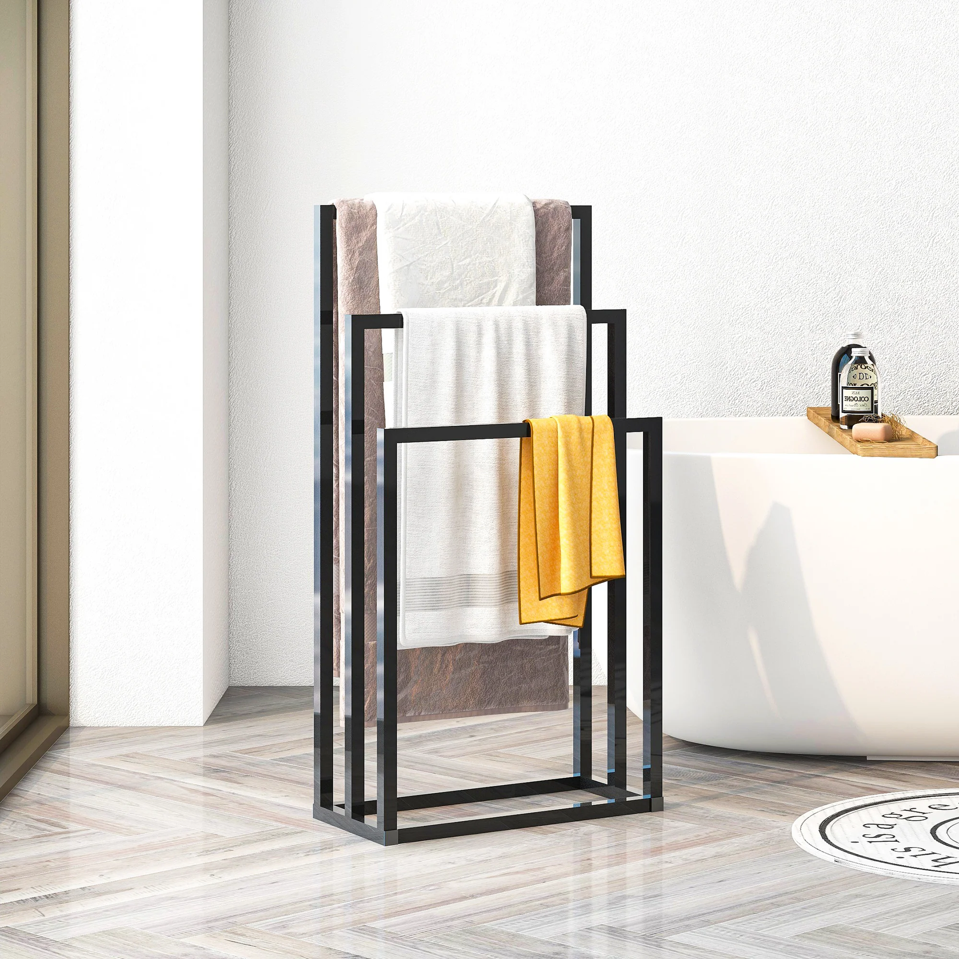 Side view of freestanding 3-tier towel rack in real home environment