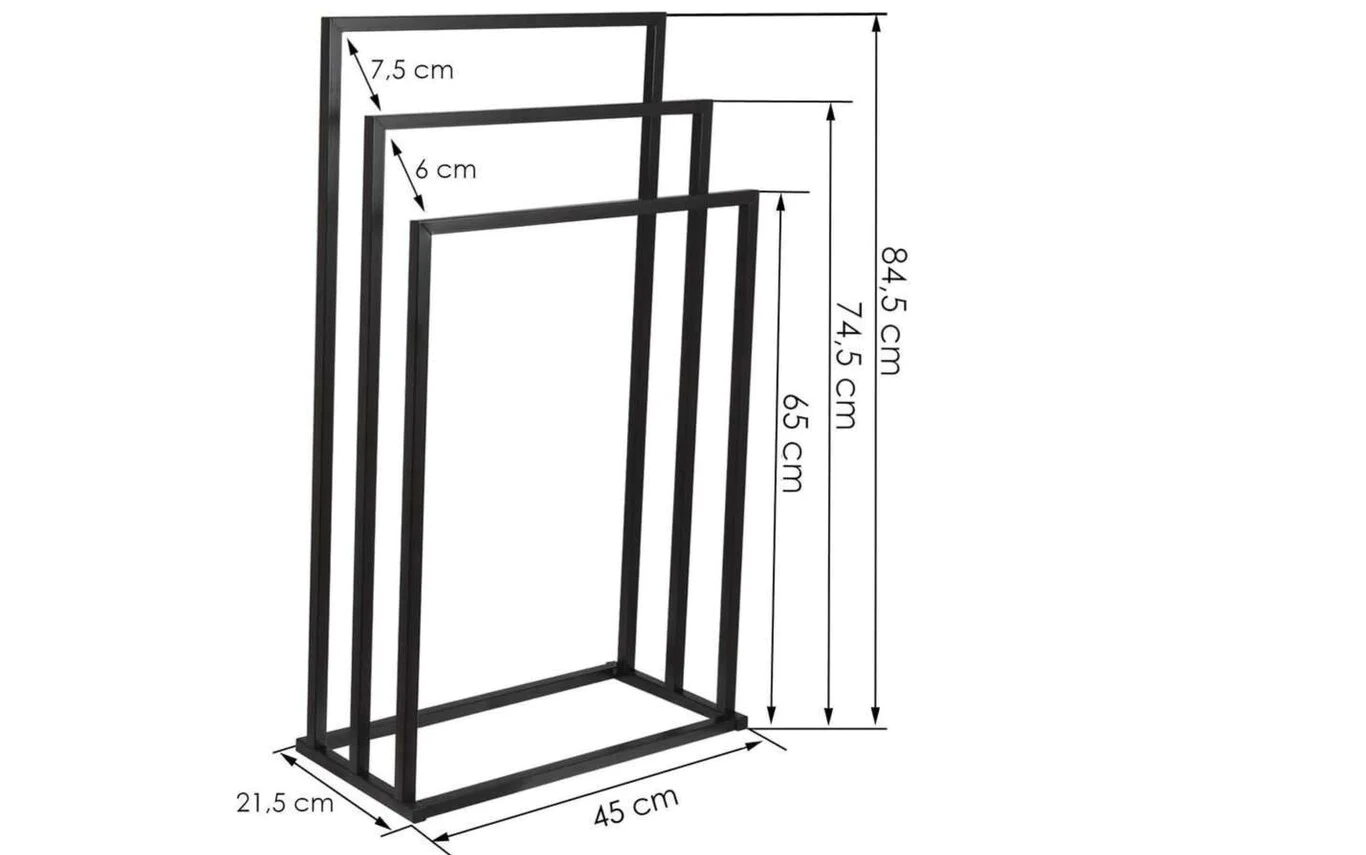 MetalX freestanding towel rack with dimension guide – black finish