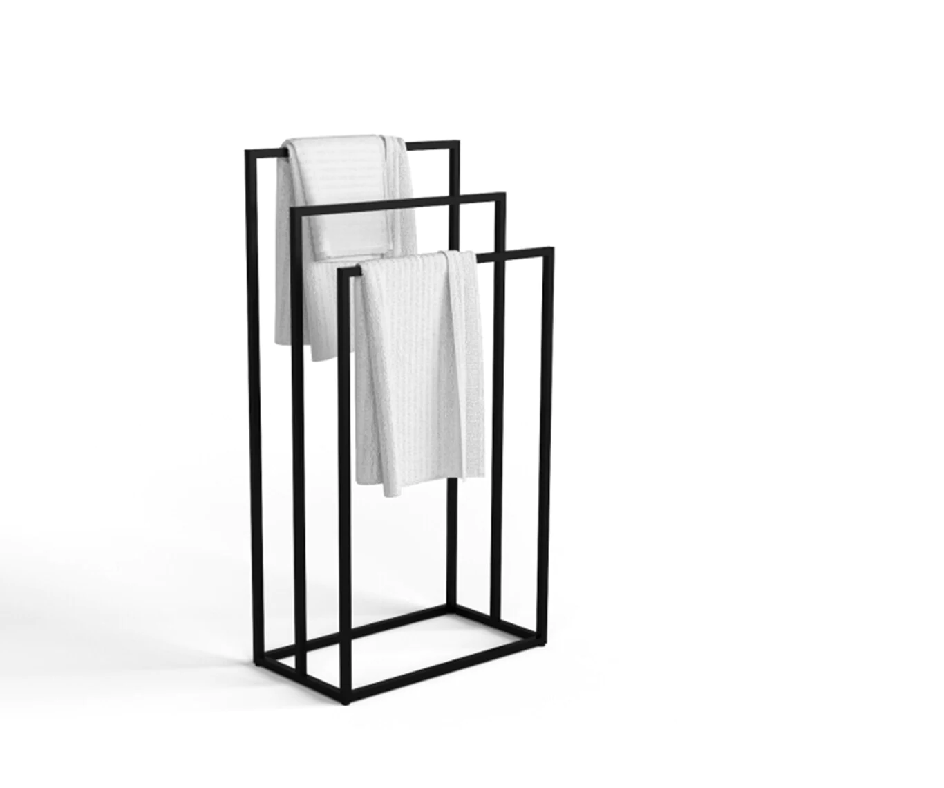 MetalX 3-tier towel rack with sleek black frame on white background