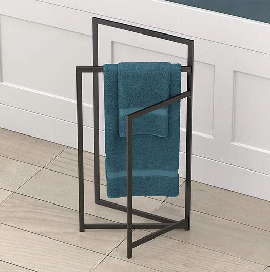 3-way towel rack in matte black finish displayed in real bathroom use by MetalX