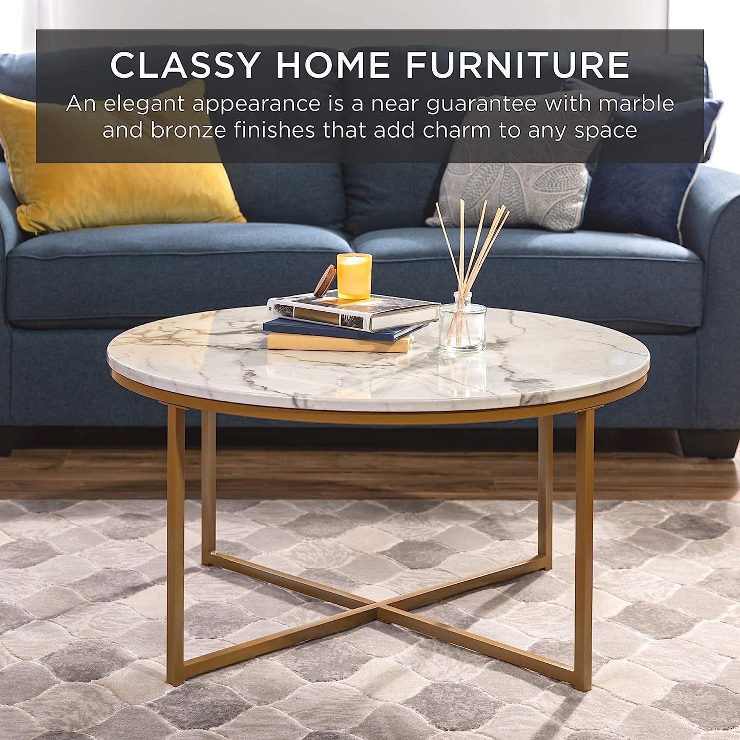 MetalX 36-inch faux marble coffee table in real living room setting