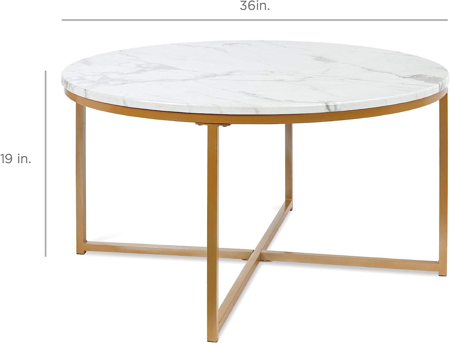 MetalX 36in faux marble coffee table with dimensions on white background