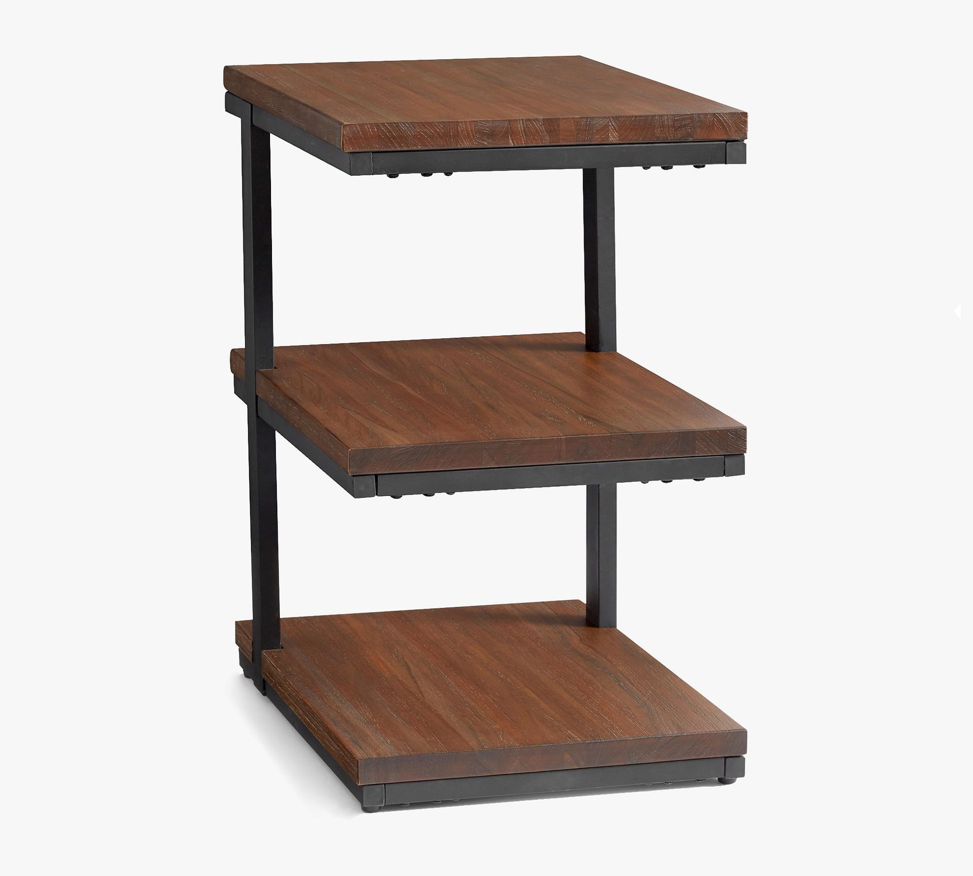Tiered rectangular end table with two walnut shelves and black frame on white background – MetalX
