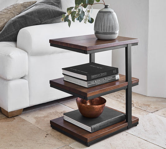 Allen rectangular tiered end table with walnut shelves in a modern living room – MetalX