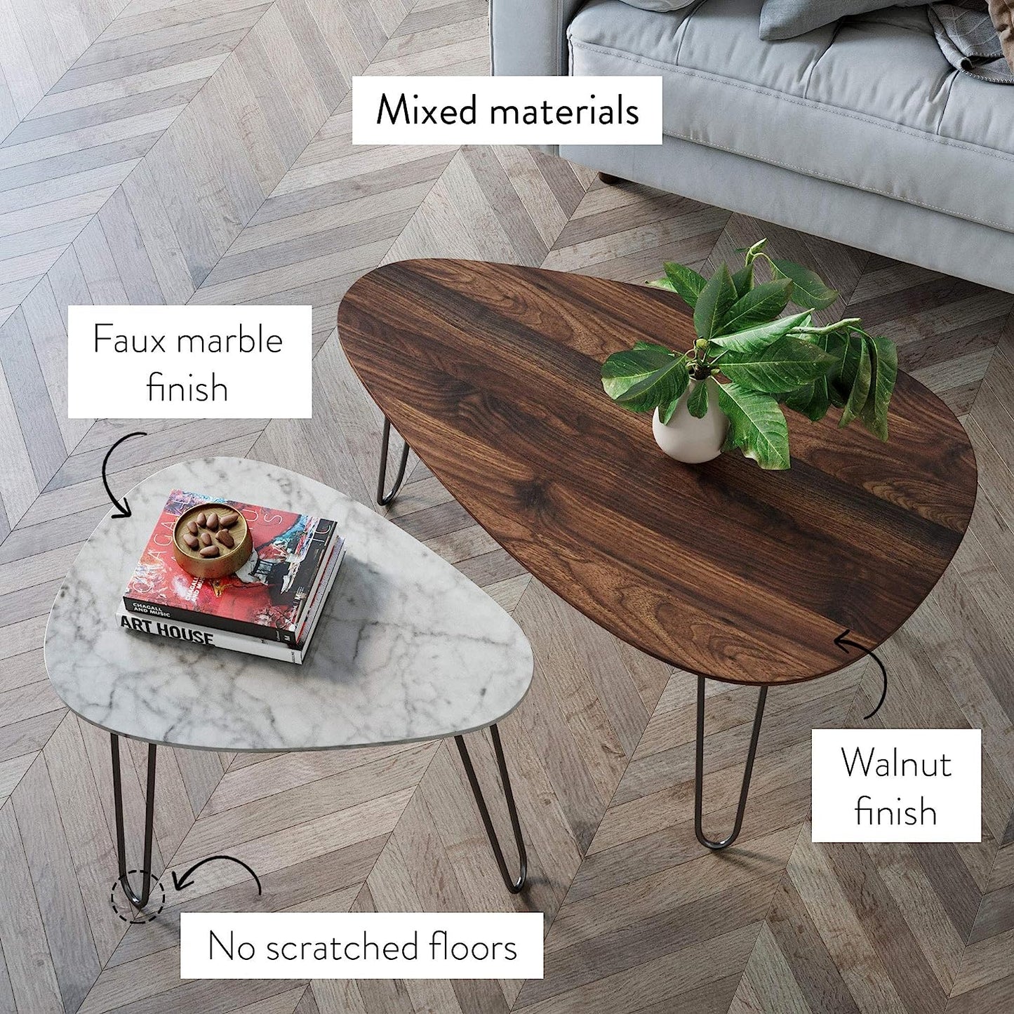 MetalX Bodhi mid-century coffee table set in real room setup, showing minimalist front view