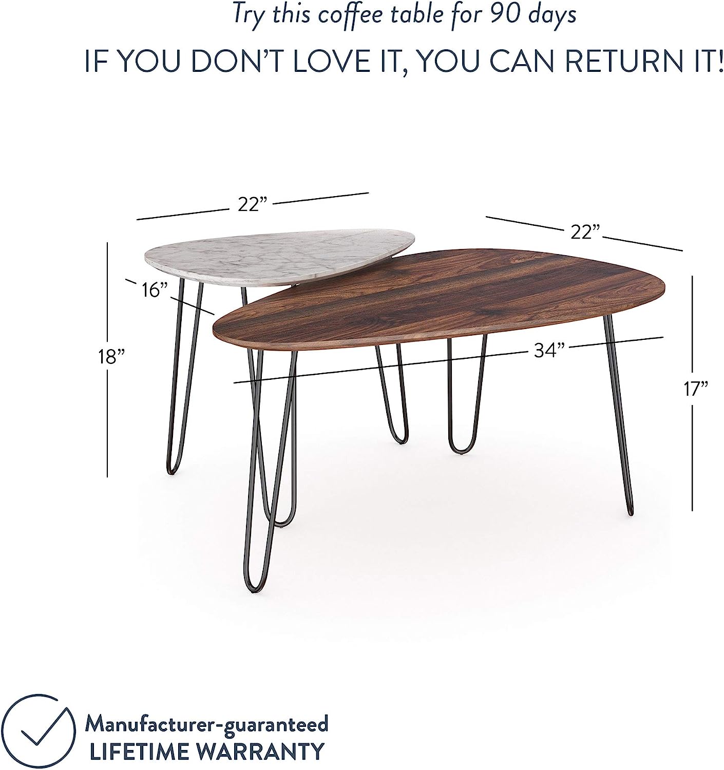 Bodhi nesting coffee table set with dimensions on white background by MetalX