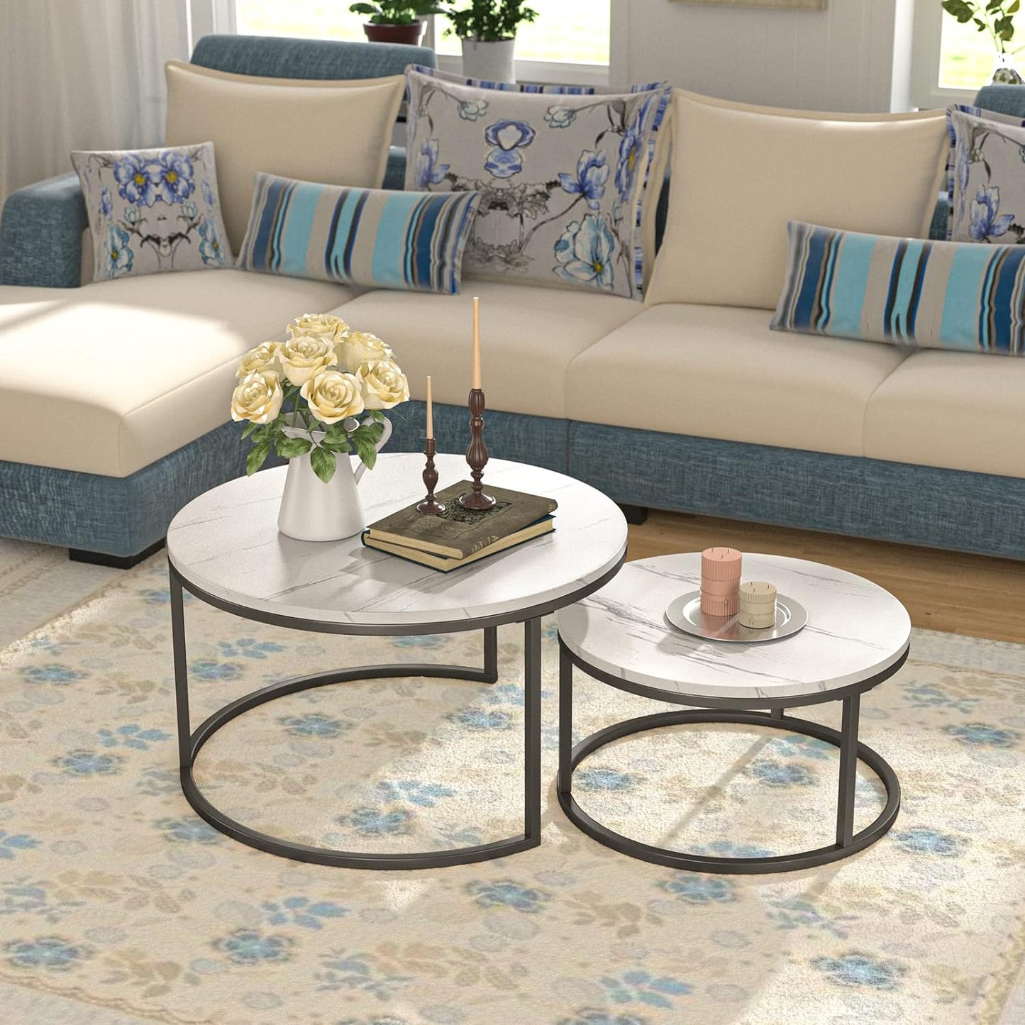 MetalX center table set with marble texture top and black frame – real room setup