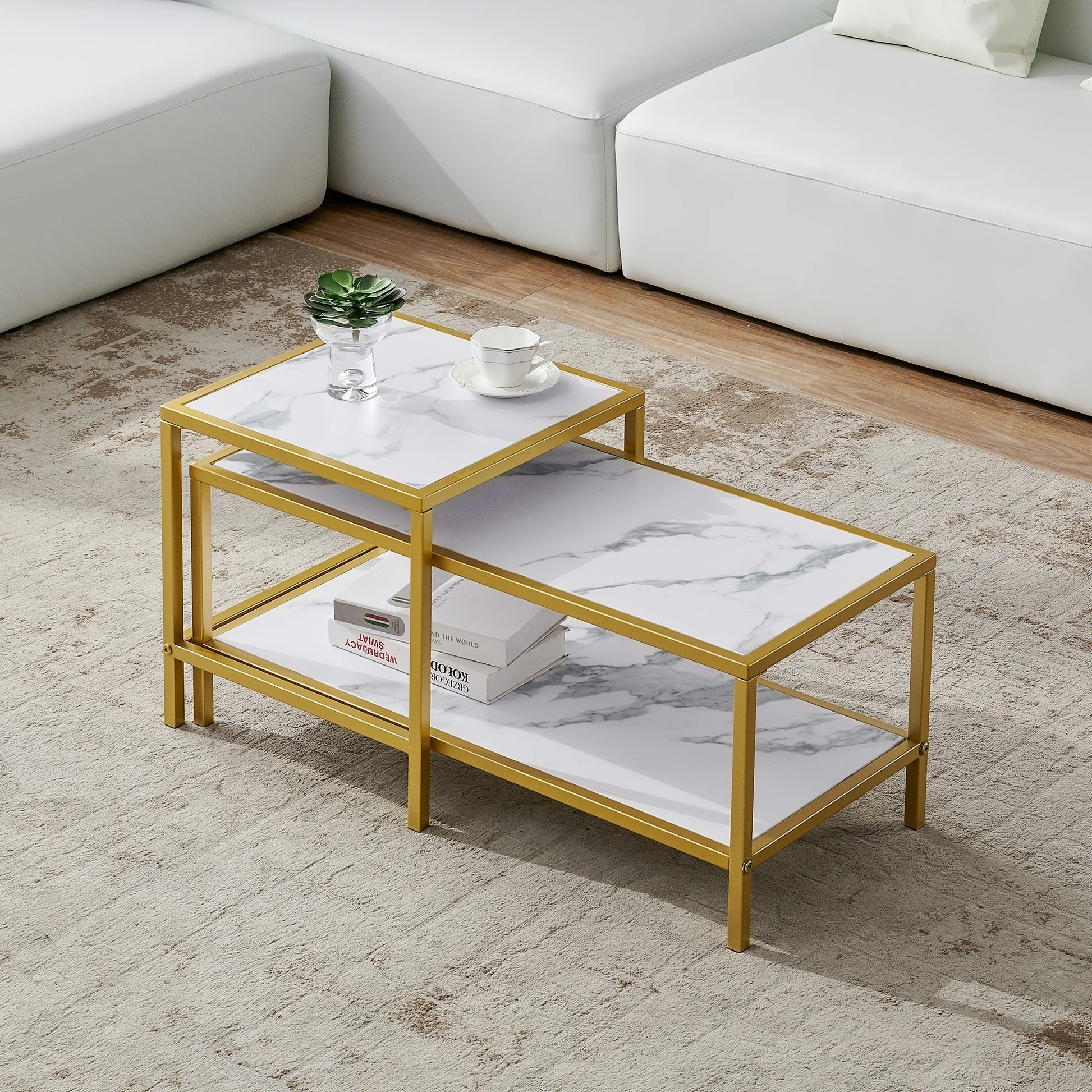 MetalX center table set with marble texture top and gold frame – styled in a living room display