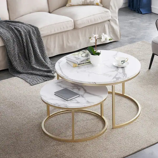 MetalX center table set with marble texture top and gold frame – styled in living room setting