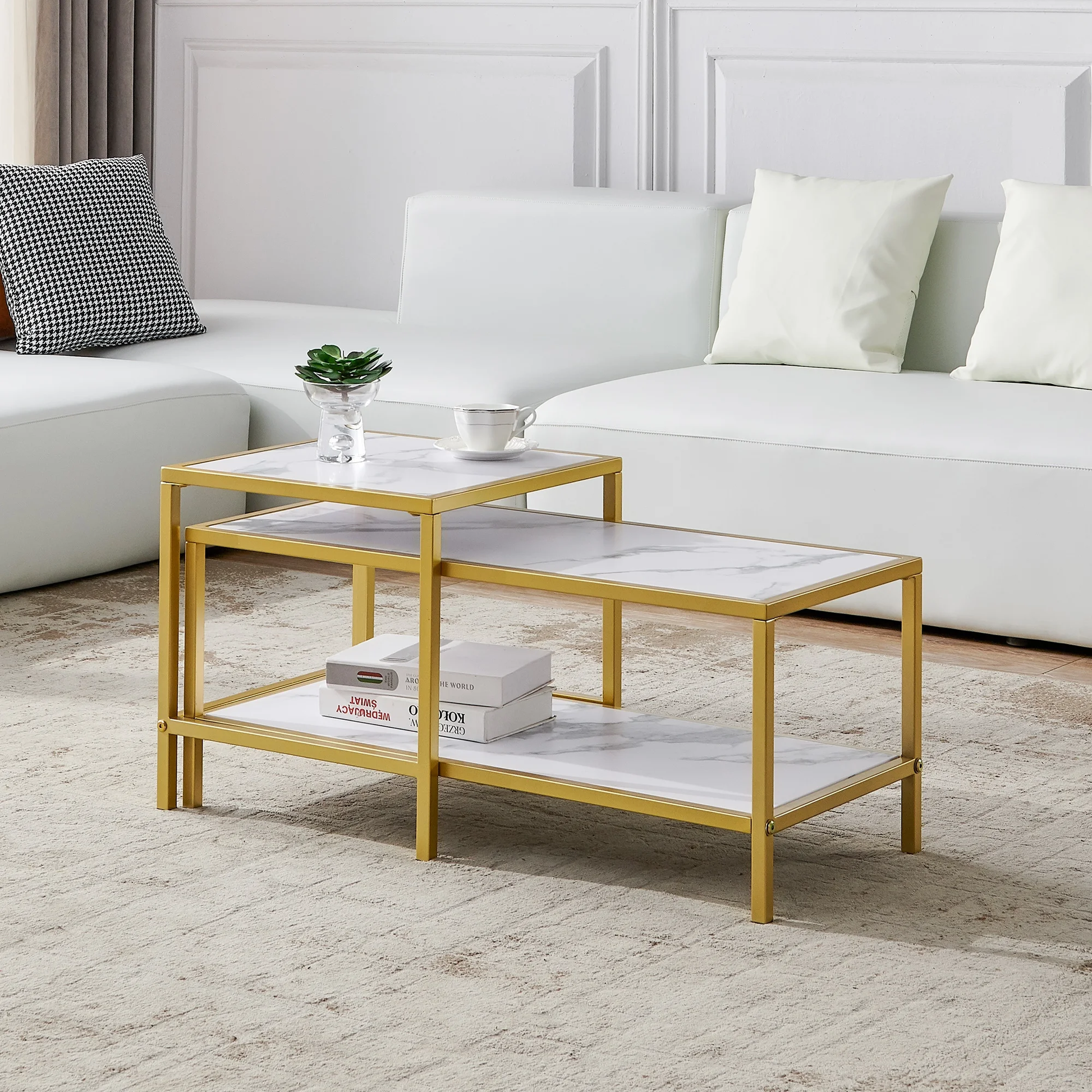 MetalX gold frame center table – full side view in modern room