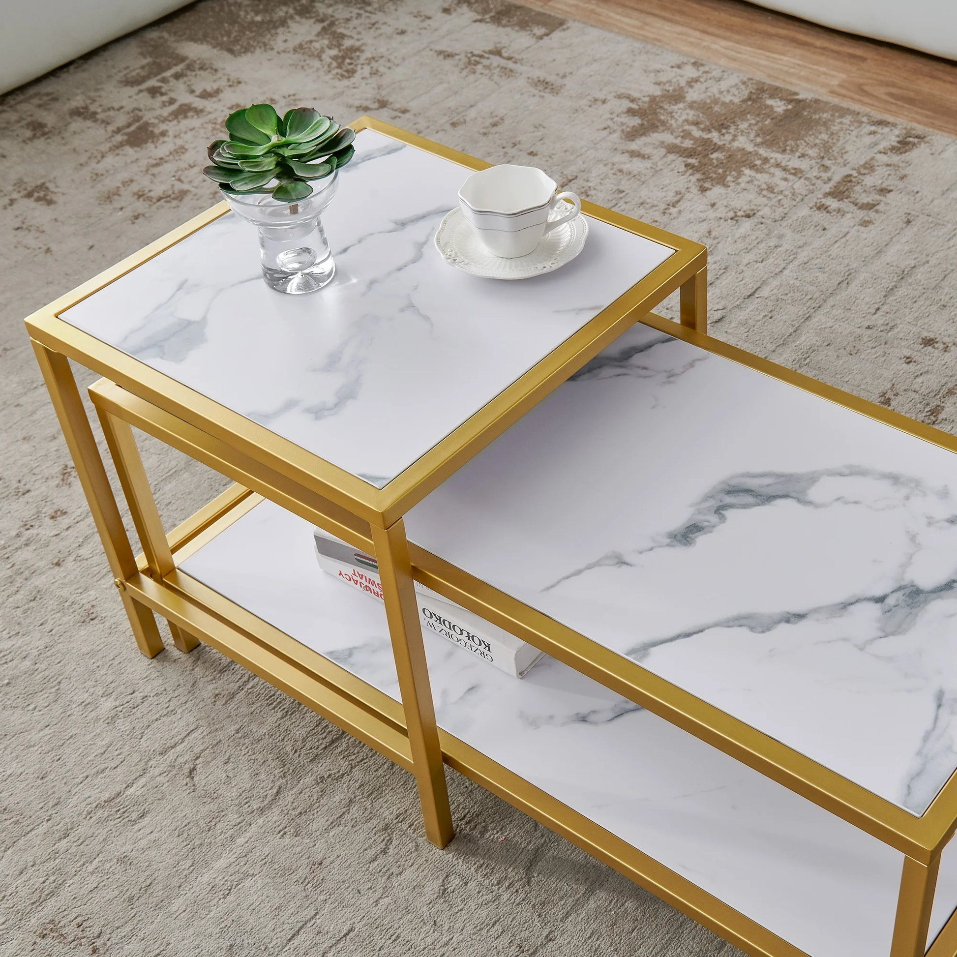 MetalX marble top center table with gold base – overhead real world top view