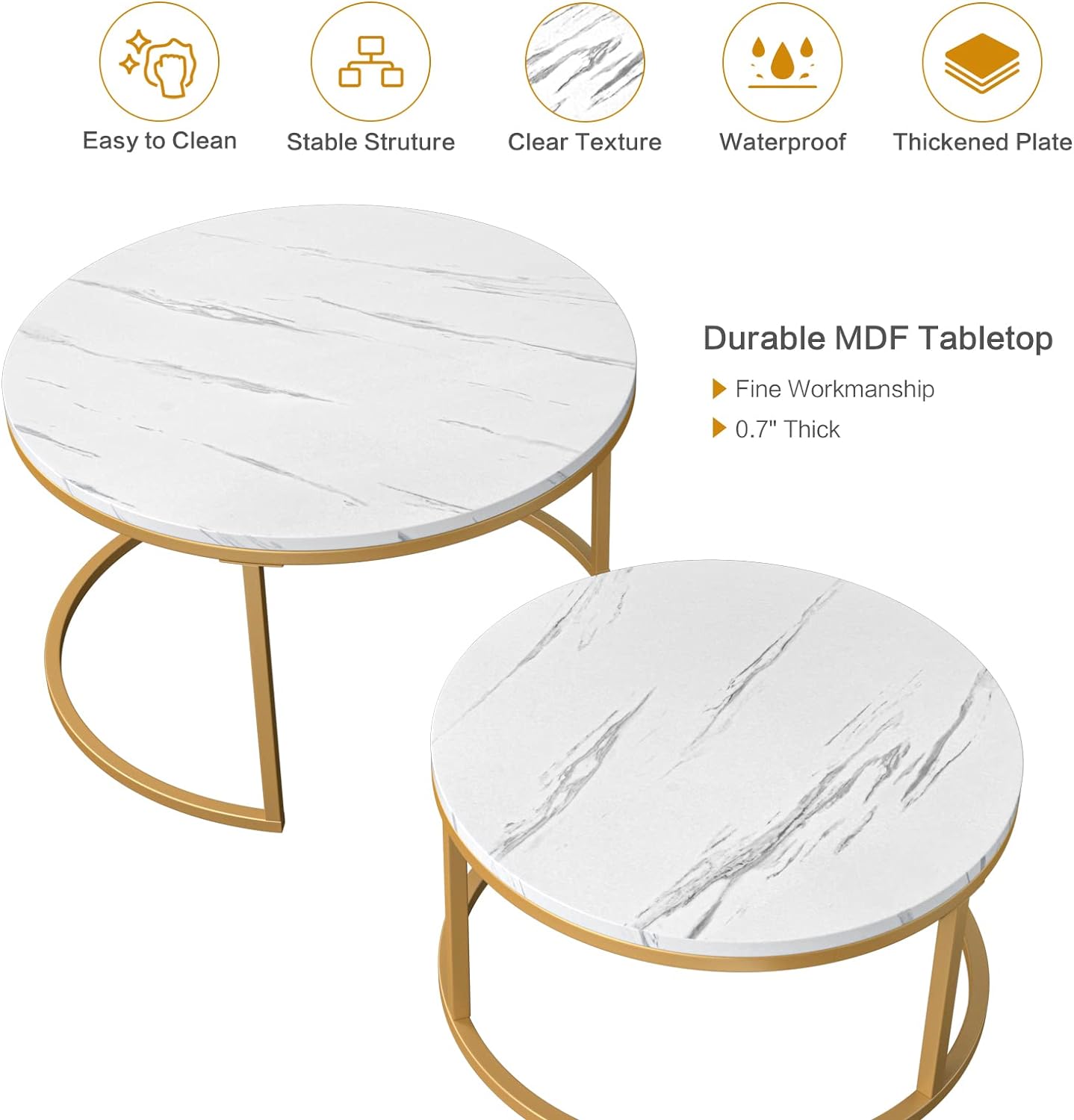 MetalX marble top center table set with gold base – front/top view on white background