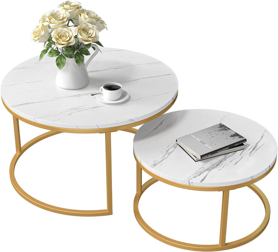 MetalX marble texture center table set with gold frame – side view on white background