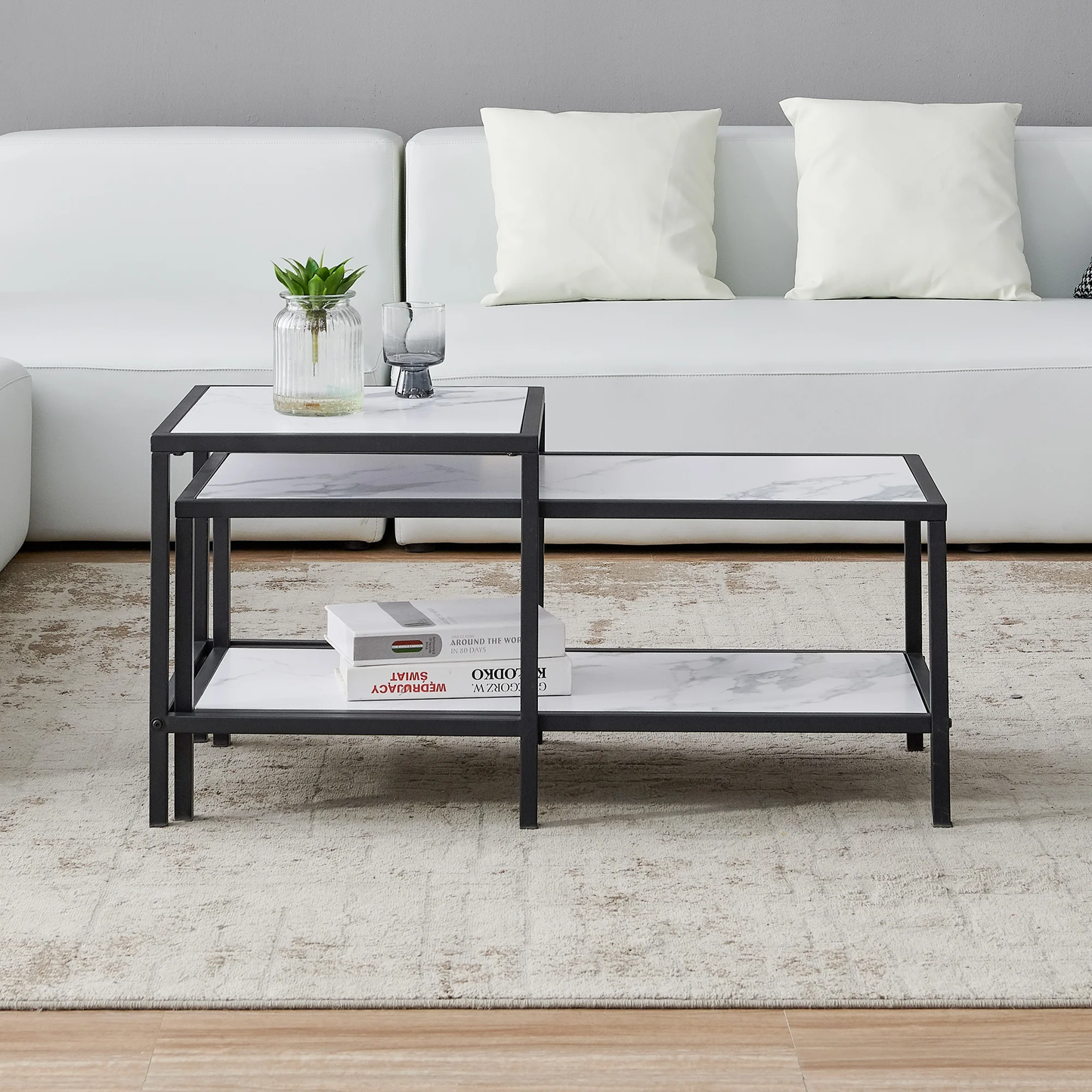 Side angle view of MetalX center table with marble texture and black frame in real home