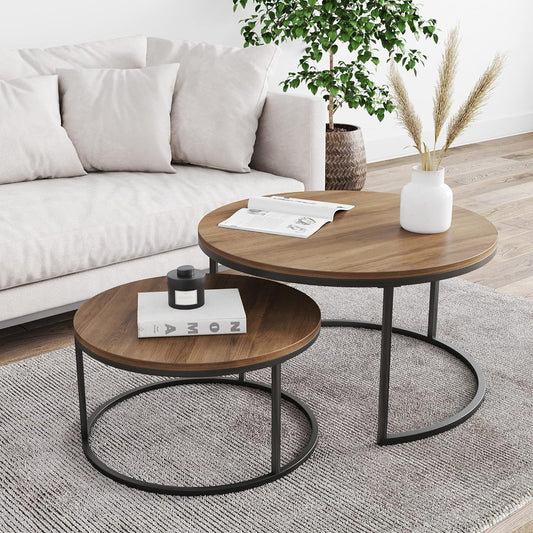 MetalX walnut finish center table set of two, styled in real living room setting