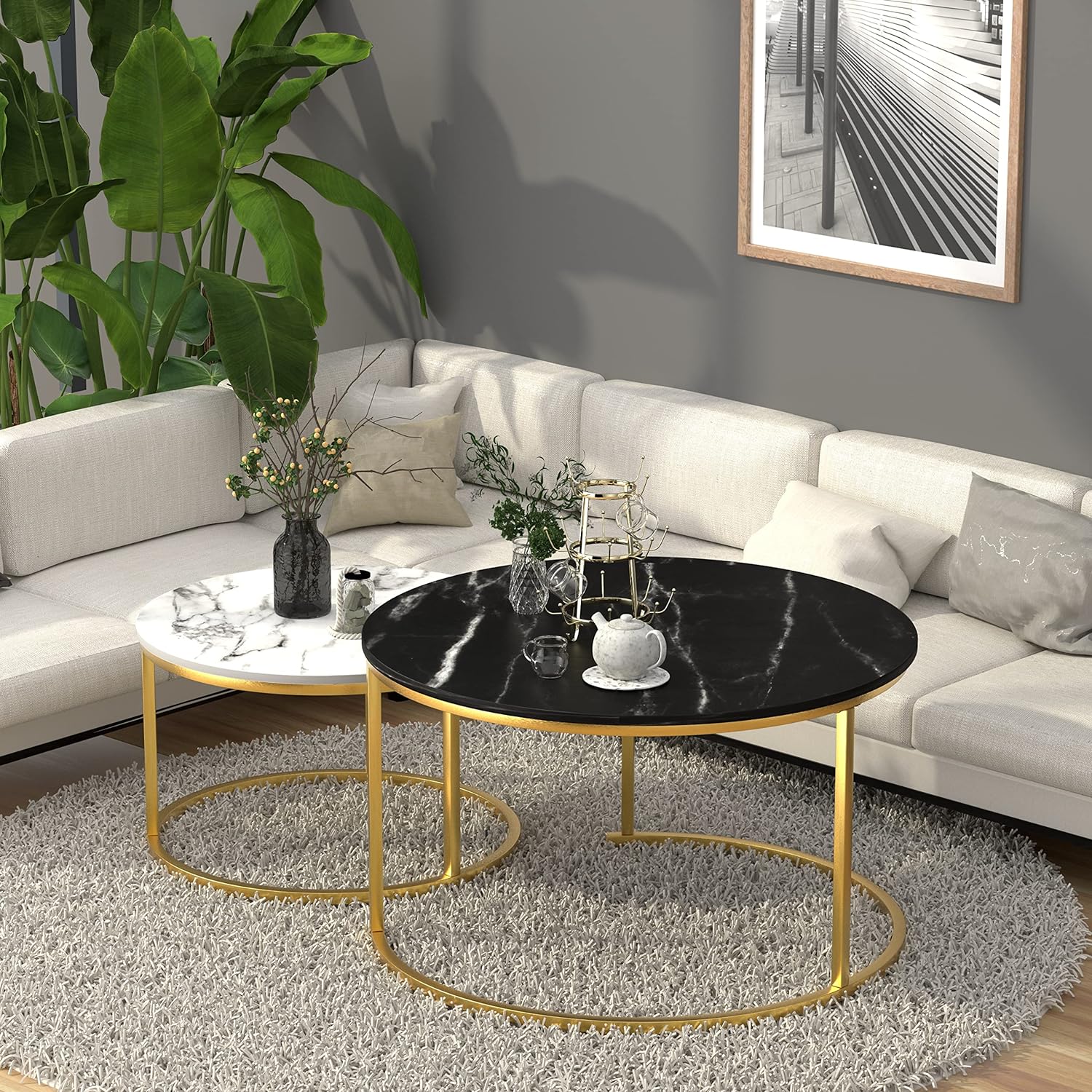Side view of MetalX marble coffee table – black white top and sleek metal base
