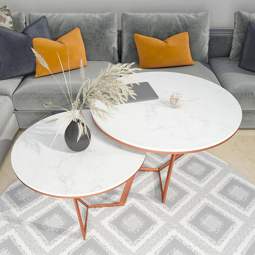 Top angle view of MetalX copper finish coffee table in real-world setting
