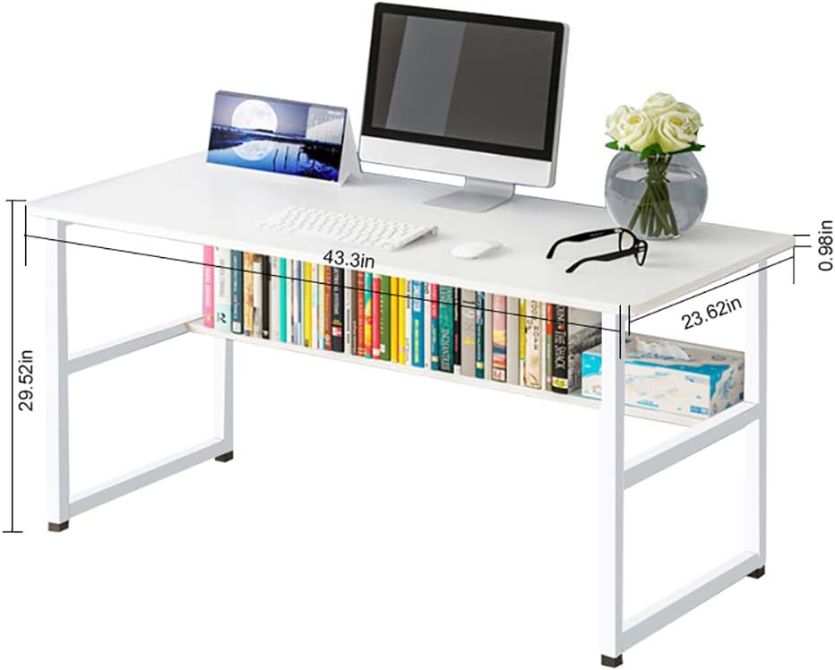 White office desk with labeled dimensions showing tabletop size and frame height – MetalX