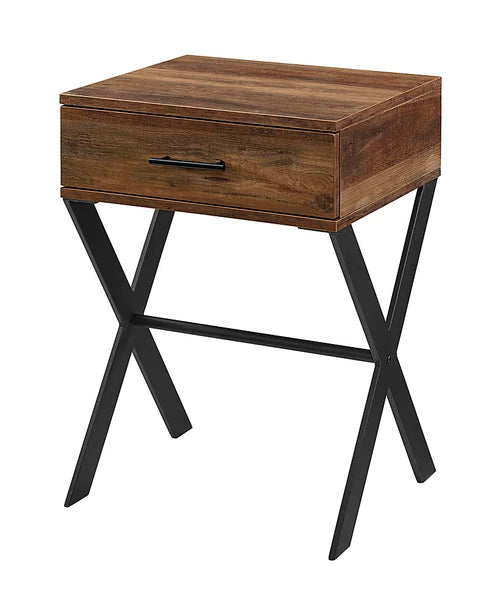 Front view of side table with drawer, walnut finish, and black metal frame on white background – MetalX