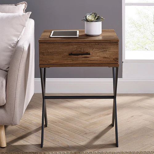 Side view of drawer side table with walnut top and black frame in bedroom setting – MetalX