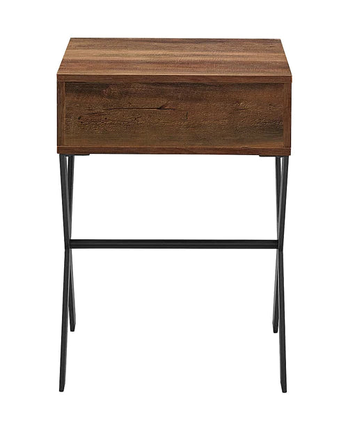Side profile of modern metal and wood drawer table with C-shaped frame on white background – MetalX
