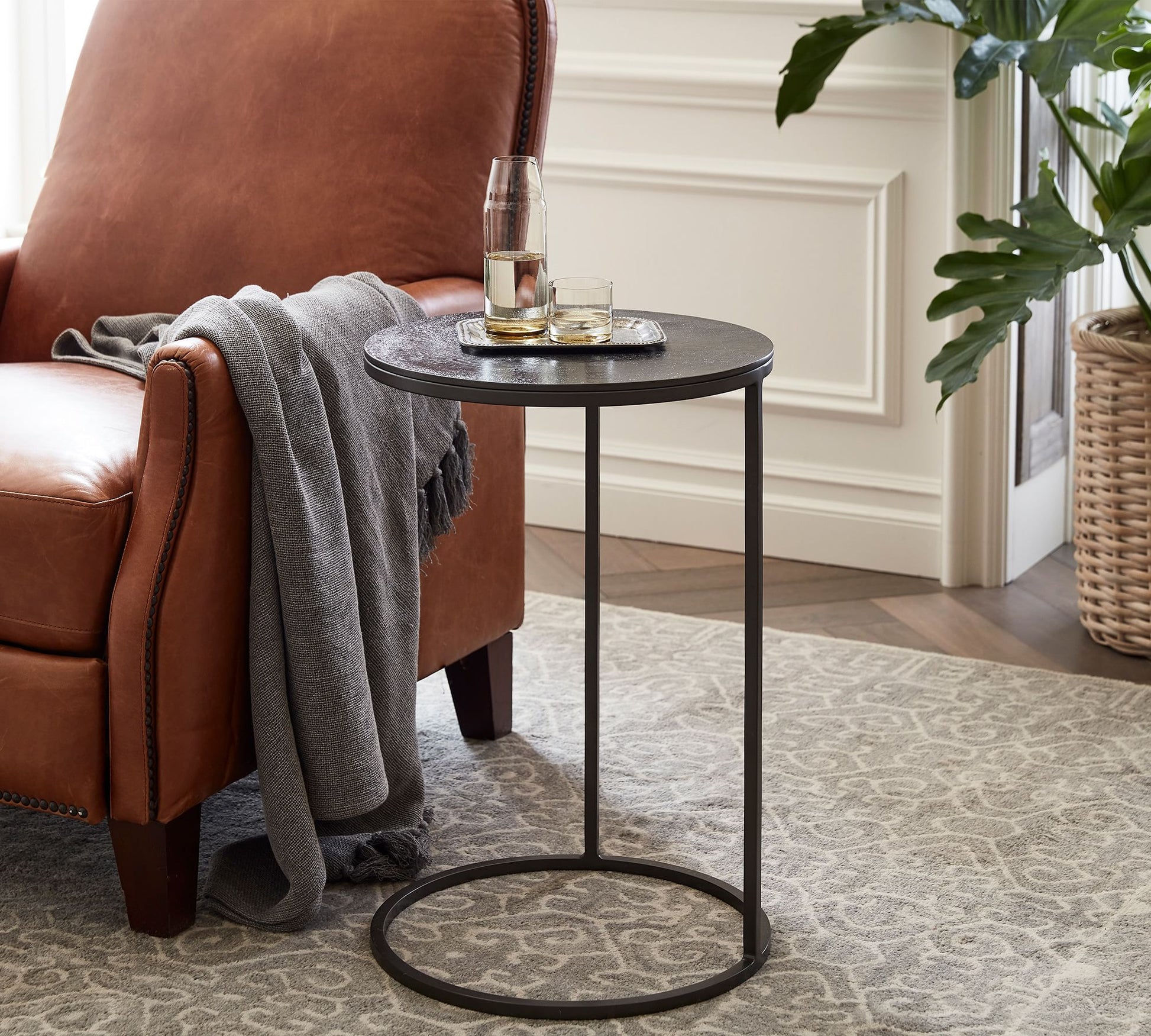 Dukes side table with walnut top placed beside a sofa in a cozy living space – MetalX