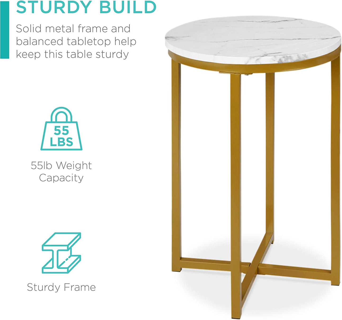 Studio view of MetalX faux marble accent table – white background