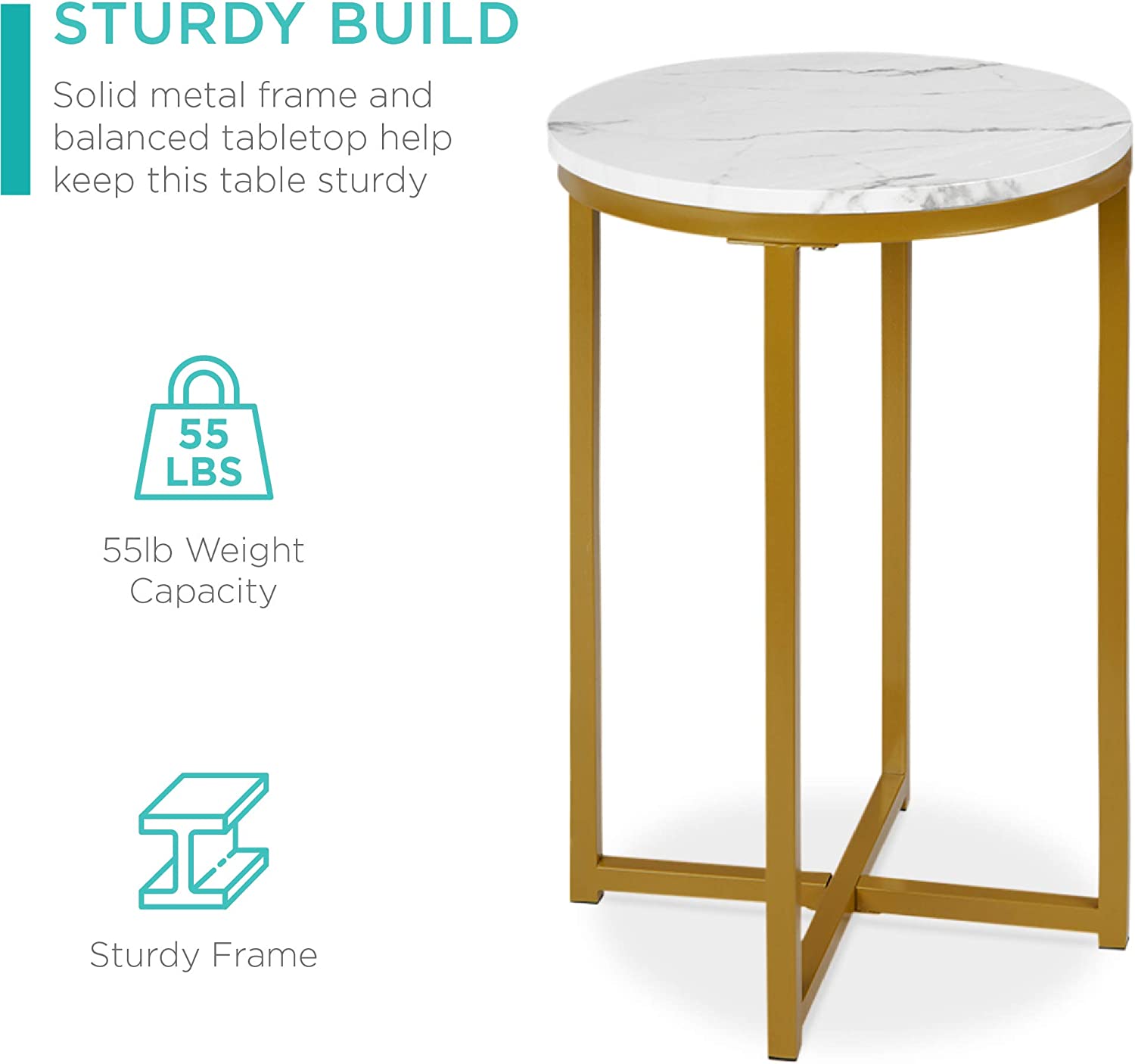 Studio view of MetalX faux marble accent table – white background