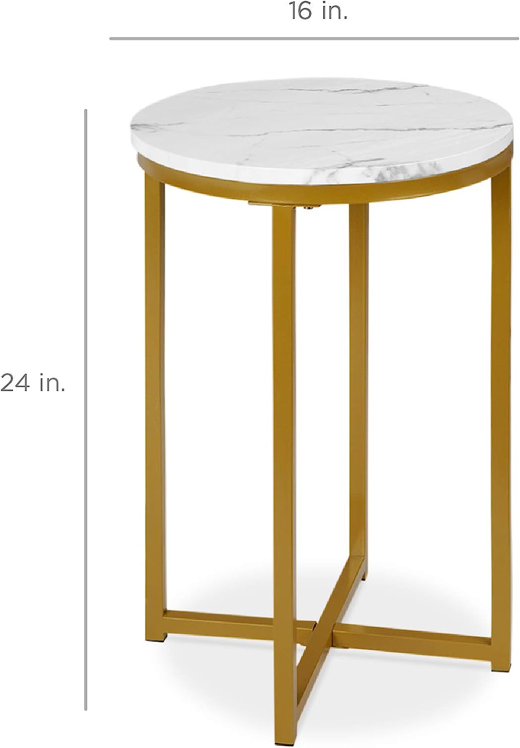 Size dimensions of 16-inch faux marble accent table – white background