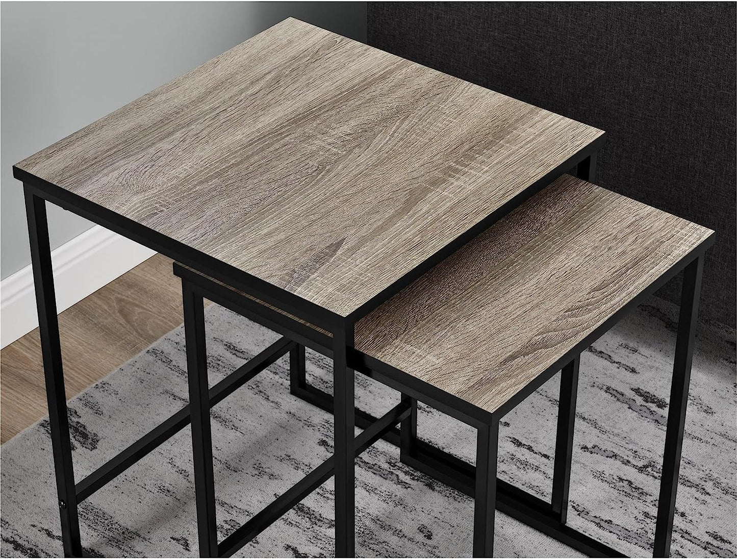 Close-up of weathered oak top surface – Home Stewart nesting tables by MetalX