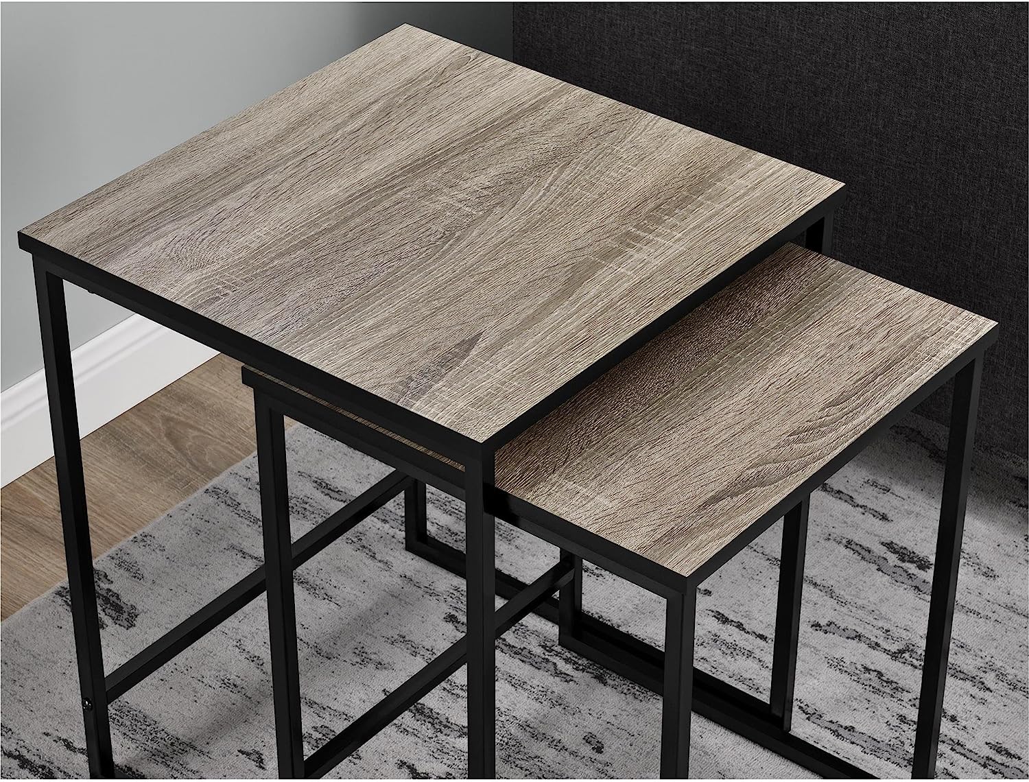 Close-up of weathered oak top surface – Home Stewart nesting tables by MetalX