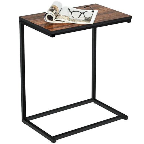 Side view of industrial C-shaped table showing frame profile and wood texture – MetalX