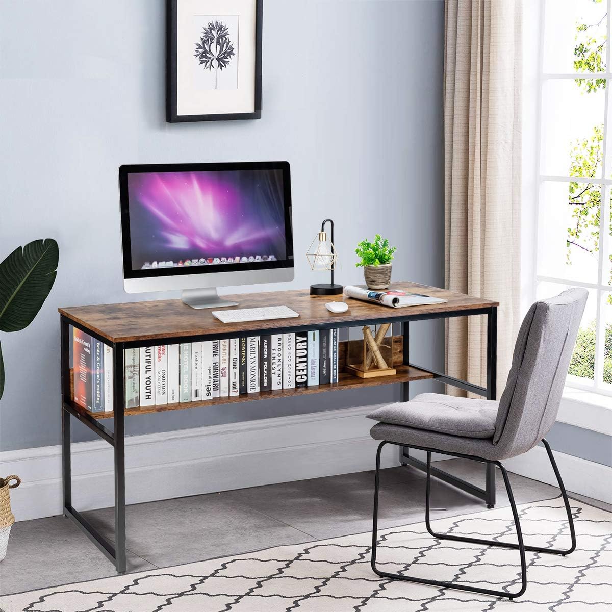 Large computer desk with spacious wooden top and black metal frame in real home office – MetalX