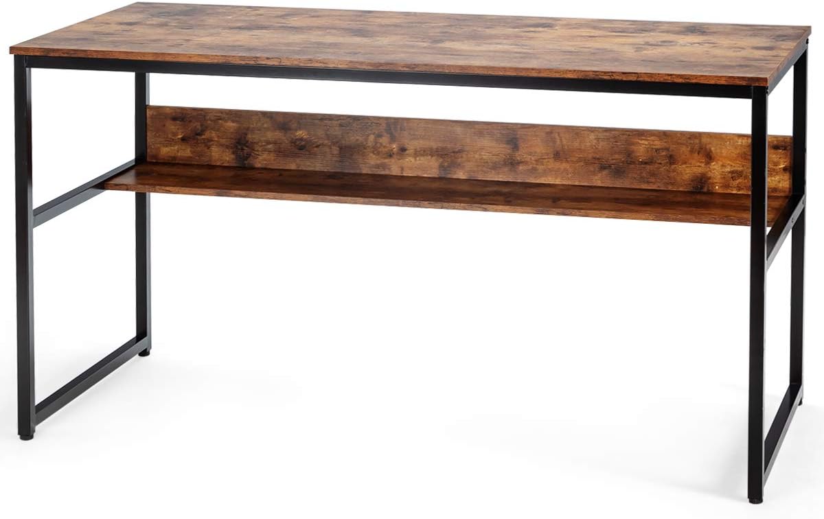 Minimalist large computer desk with wood top and sturdy black frame on white background – MetalX